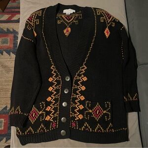Rebecca Stone Vintage Black Geometric Knit Cardigan Sweater Size Large